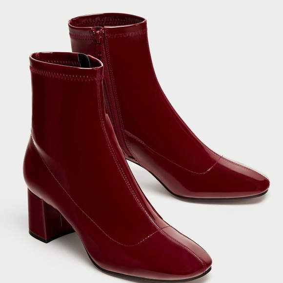 patent burgundy ankle boots